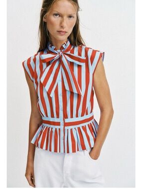 ZARA NEW WOMAN KNOTTED STRIPED BLOUSE RUFFLE REH RED BLUE